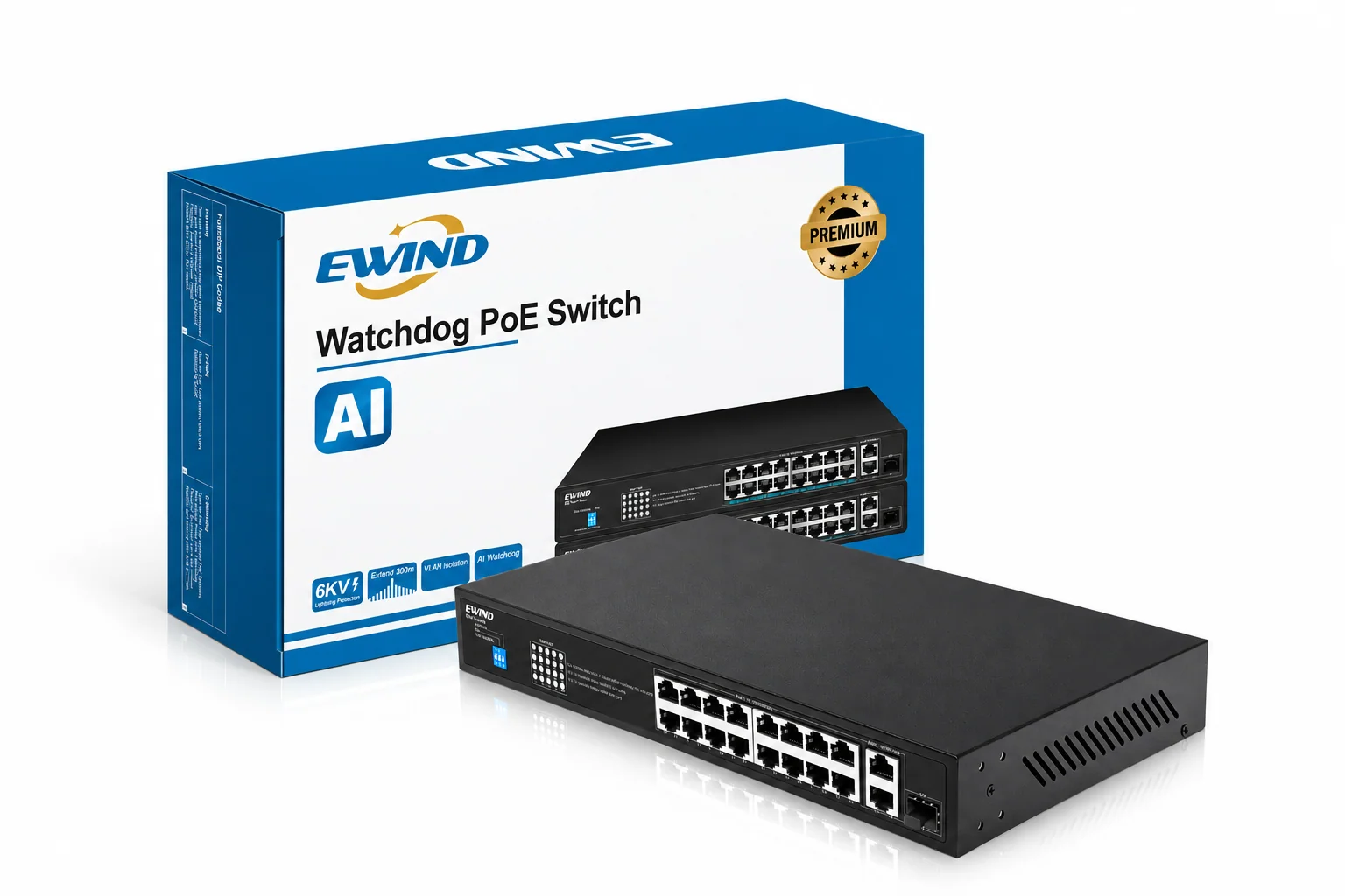 EWIND Ethernet switch and printed product box showing panel and packaging customization