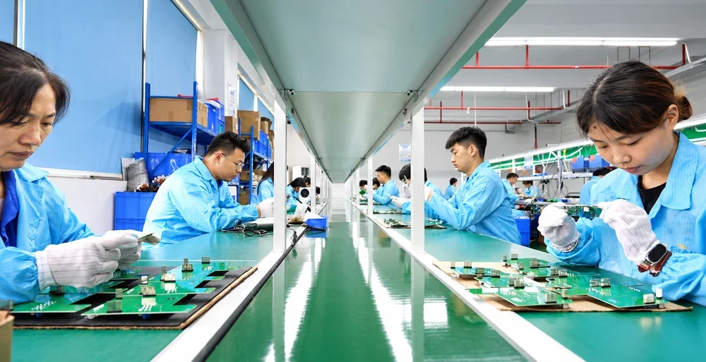 EWIND production team inspecting and assembling circuit boards