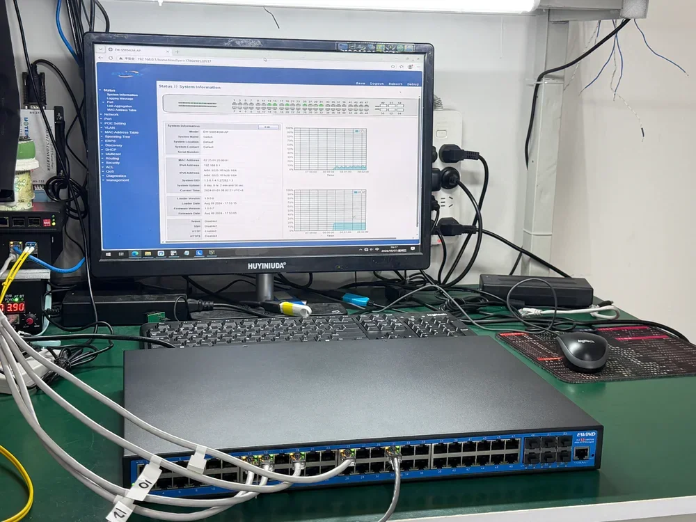 EWIND managed switch connected to a network validation workstation