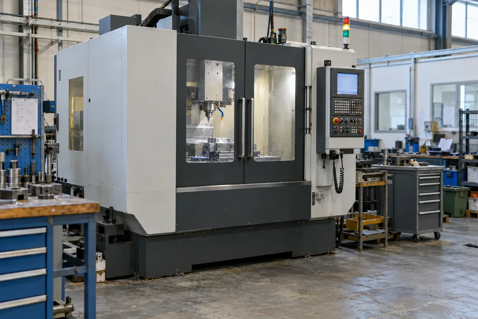An enclosed CNC machining cell and control panel on a factory floor