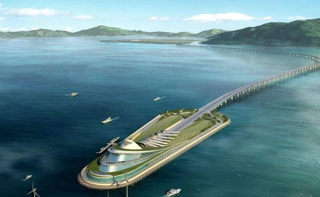 Aerial view of the Hong Kong–Zhuhai–Macao Bridge and artificial island