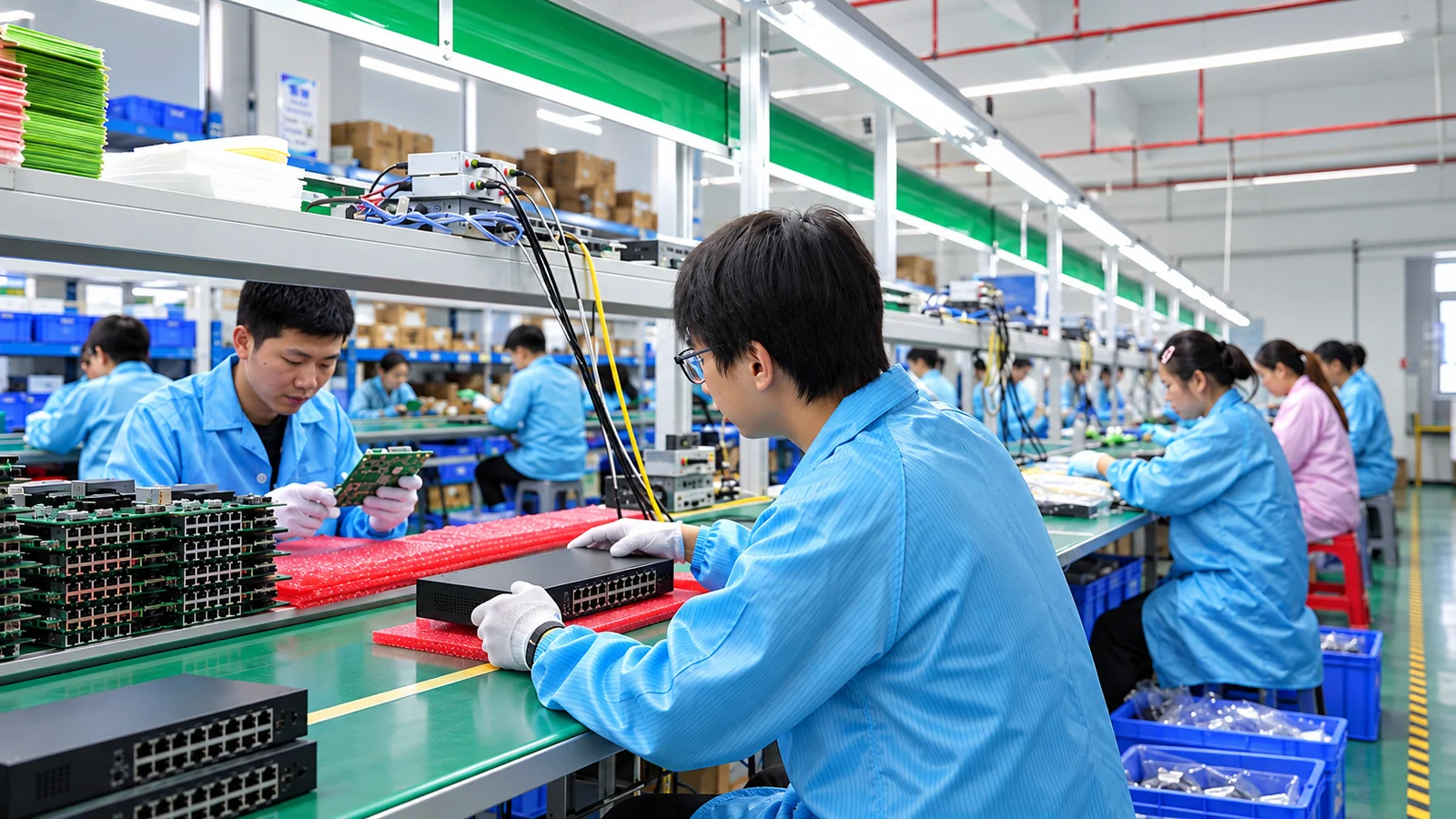 EWIND technicians assembling and testing Ethernet switches on the production line