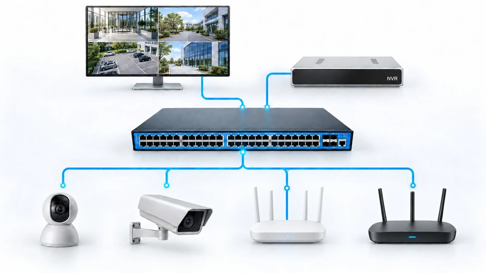 EW-S5954GM-AP(RTL) enterprise network application diagram with NVR, cameras and wireless endpoints