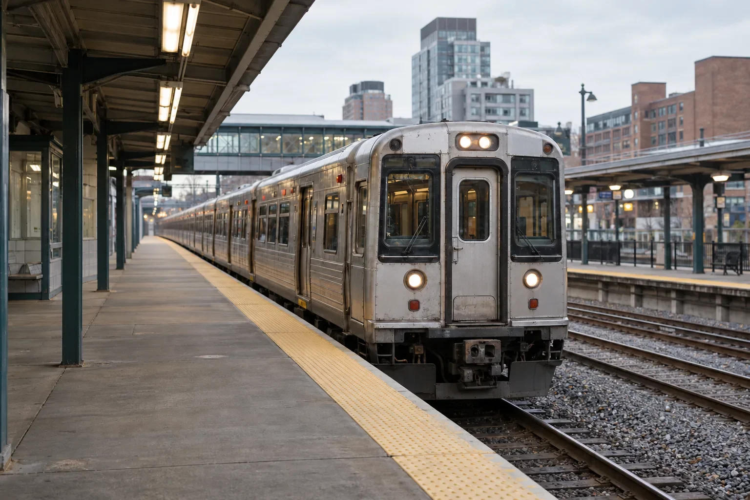 A commuter train beside an empty open-air station platform