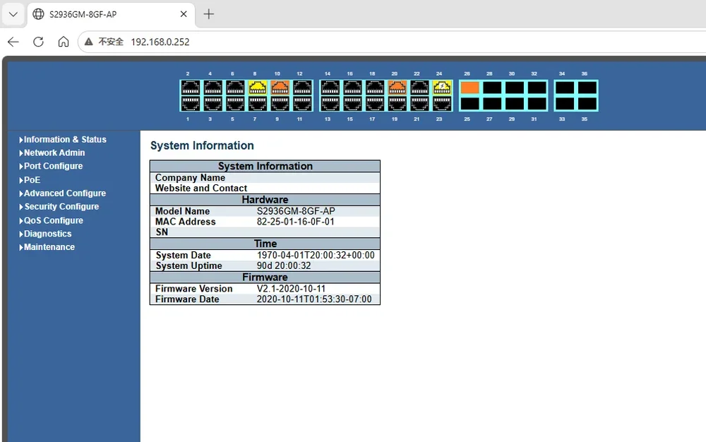 Switch management Web UI showing company, model and device information
