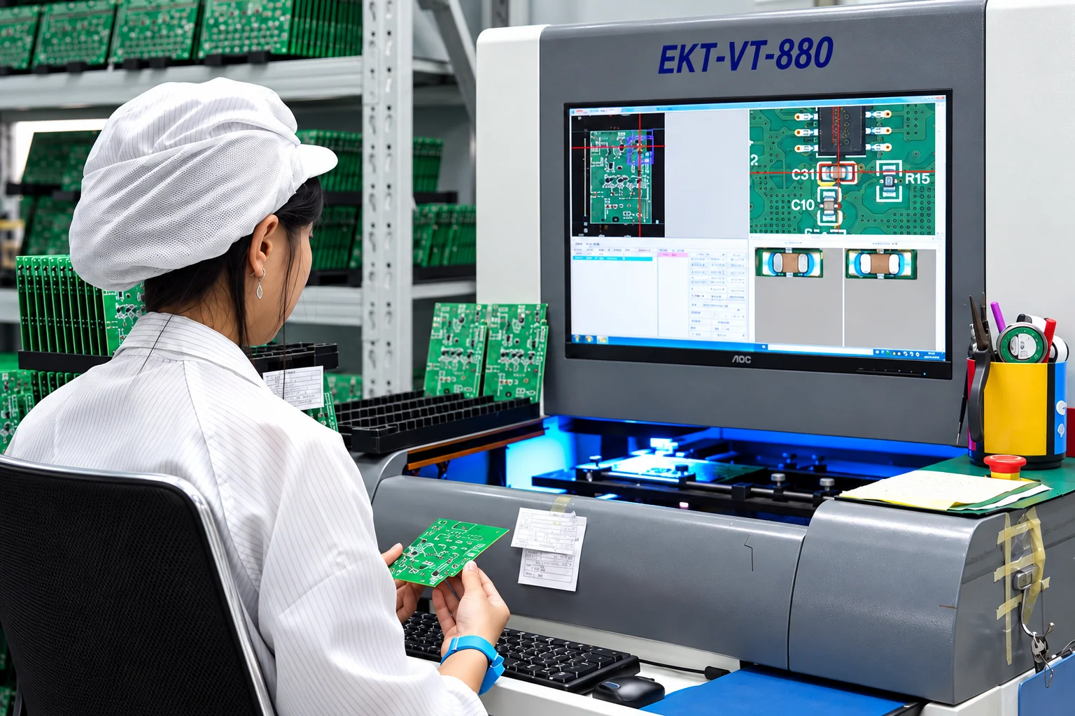 Operator checking a circuit board with optical inspection equipment