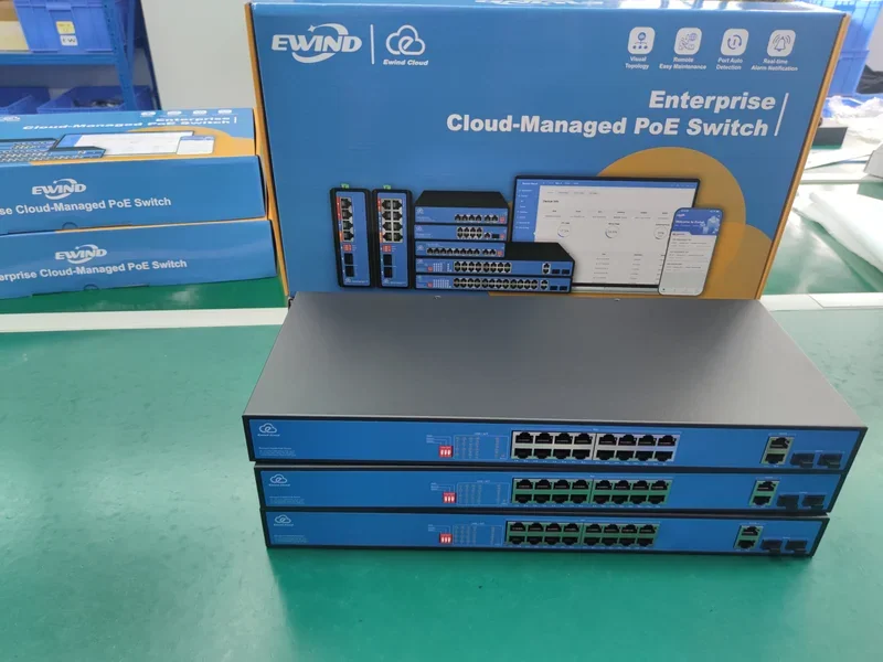 Blue switch front panels showing logos, model names and port markings