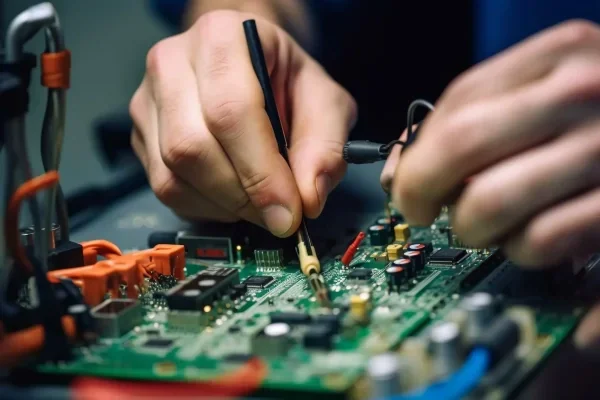Engineer testing components on a circuit board
