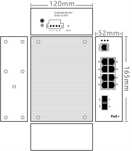 EW-PIS6810M-8GE dimensional drawing: 165 × 120 × 52 mm